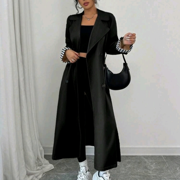 Loose Turndown Collar Double Breasted Long Sleeve Plaid Patchwork Trench Coat